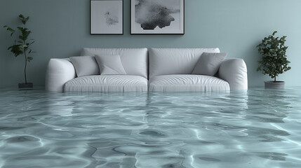 Soaked home interior with water covering floor, sofa buoyant, visual metaphor for plumbing failure 