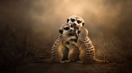 Three meerkats huddle together in a warm, dusty light.