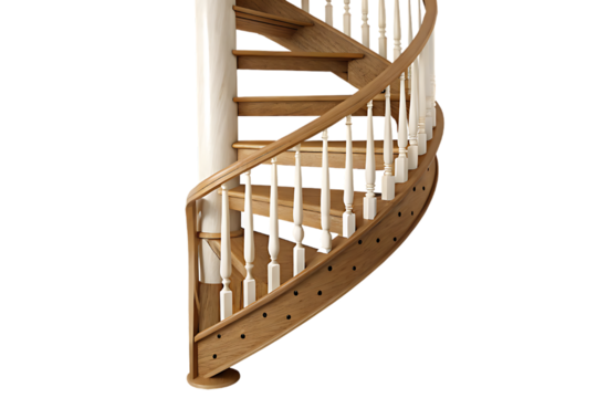 Elegant Wooden Spiral Staircase with White Balusters and Central Column on a Black Background for Architectural Design