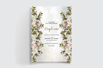 WEDDING INVITATION FRAME WITH FLOWER DECORATIONS AND FRESH LEAVES