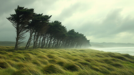 windswept landscape with strong trees leaning in the wind over grassy field under grey skies 