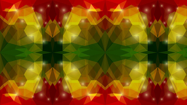 Abstract geometric pattern with red yellow and green polygons and light effects symmetrical design