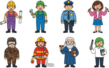 Diverse Professions: Cartoon Characters Representing Various Occupations, Including Construction, Mechanic, Police, Teacher, Soldier, Firefighter, Judge, and Student.