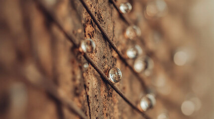  Macro and Close-Up Shot of Rusted Metal Wire Covered in Dew Drops Reflecting Distorted Miniature Worlds, Featuring Highly Detailed Textures and a Poetic Industrial Mood