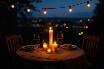 Romantic dinner table setting with burning candles overlooking night city lights
