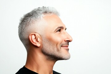 Obraz premium Classy men's disconnected undercut haircut - midlife middle eastern man with short hair. Idea of style for aging men. A serene and handsome man posing in style. Pure white solid background.