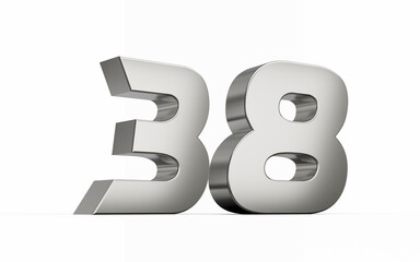 3d Silver number 38 Thirty eight sleek metallic look isolated on white background, 3d illustration