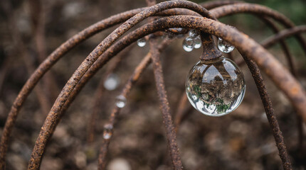  Macro and Close-Up Shot of Rusted Metal Wire Covered in Dew Drops Reflecting Distorted Miniature Worlds, Featuring Highly Detailed Textures and a Poetic Industrial Mood