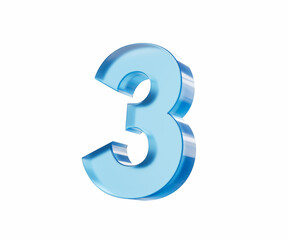 3d Glossy Blue number 3 or Three isolated on white background. 3d illustration