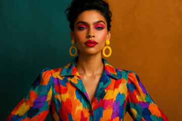 Fashion model posing with colorful makeup and bold shirt