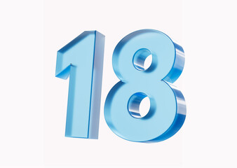 3d Glossy Blue number 18 or Eighteen isolated on white background. 3d illustration