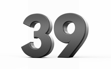 Sleek metallic Black number 39 Thirty nine standing on a white background, 3d illustration