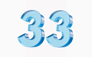 3d Glossy Blue number 33 Thirty three isolated on white background. 3d illustration