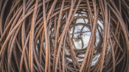  Macro and Close-Up Shot of Rusted Metal Wire Covered in Dew Drops Reflecting Distorted Miniature Worlds, Featuring Highly Detailed Textures and a Poetic Industrial Mood