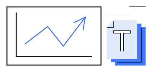 Increasing line graph symbolizing growth, alongside stacked documents with bold text. Ideal for business analytics, data visualization, growth strategy, content management, information hierarchy © robu_s