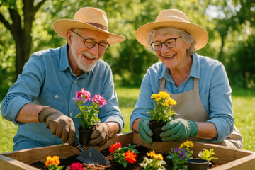 Happy senior couple planting flowers in garden bed, enjoying retirement together