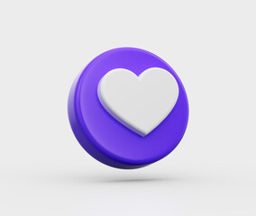 3d Purple button with a white heart symbol, representing a 