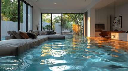 Obraz premium modern home living room flooded with water, floating furniture and reflections, illustrating burst pipe disaster scene