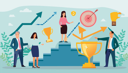 Motivational business scenes including leadership speech, mentoring, career goals, and achievement symbols. Ideal for HR, training programs, and professional growth visuals.