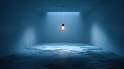 Empty Room with Blue Lighting and Single Hanging Light Bulb Illuminating Bare Walls and Floor