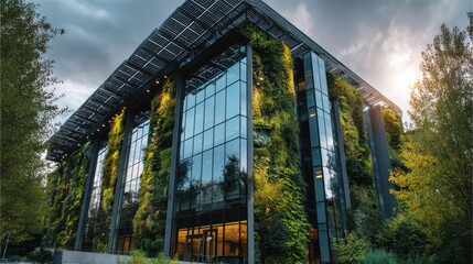 Obraz premium Modern Eco-Friendly Building with Vertical Garden and Solar Panels in Urban Landscape during Cloudy Evening