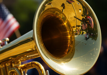 Closeup of a Tuba Reflecting American Flags