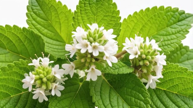 Close-up of White Flowers and Green Leaves, Capturing the Delicate Details and Vibrant Colors on a Seamless White Background.