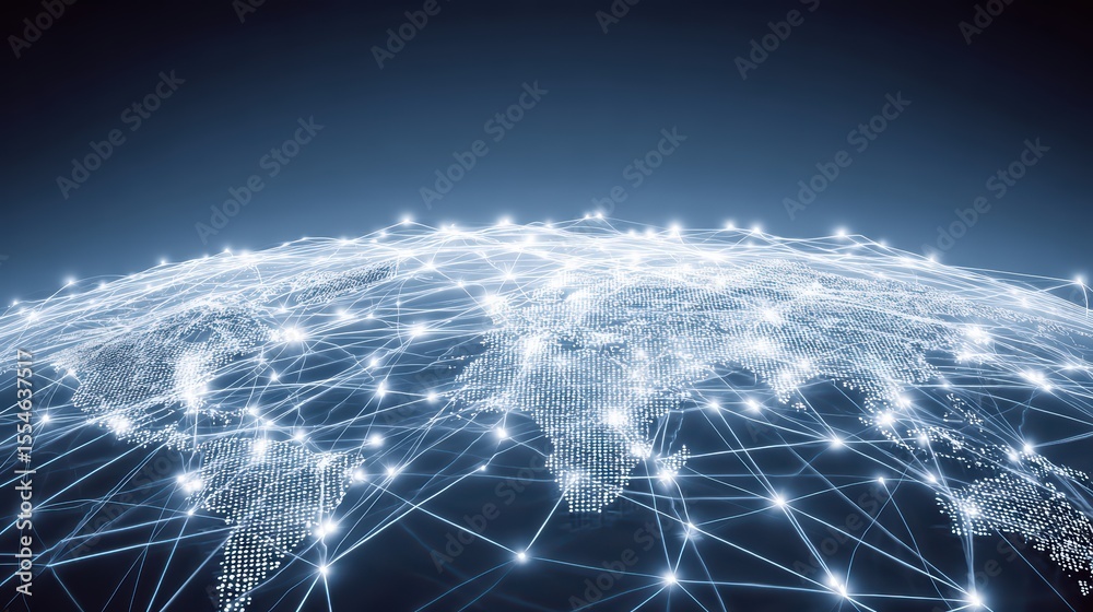 Poster global network connection concept with glowing nodes and digital world map visualization