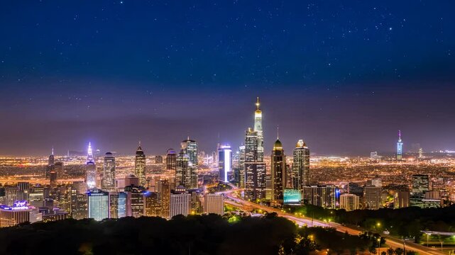Scenic cityscape at sunset with illuminated skyscrapers and road traffic. Urban skyline view displaying modern architecture and vibrant sky.