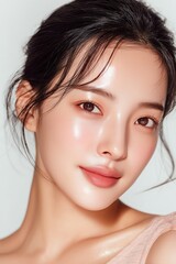 Fototapeta premium Asian model showcases glowing skin and glossy makeup for beauty campaign