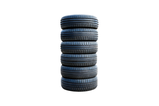Stack of Six New Car Tires Isolated on Black Background for Automotive Industry and Vehicle Maintenance Concepts and Services