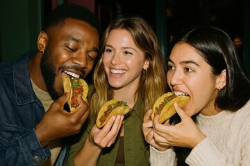 Friends enjoying delicious tacos.