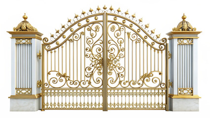 Ornate gold and white metal driveway gate with decorative scrollwork and finials isolated on a transparent background