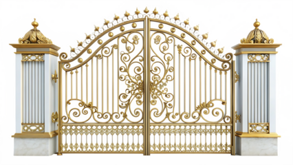 Ornate gold and white metal driveway gate with decorative scrollwork and finials isolated on a transparent background
