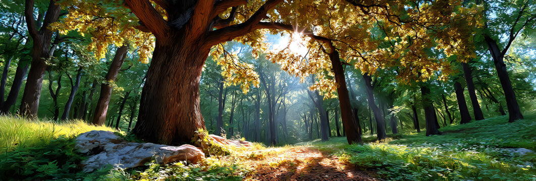 Warm Golden Light Illuminates Ancient Oak Tree Leaves on Morningside, Capturing the Essence of Nature's Renewal and Serenity