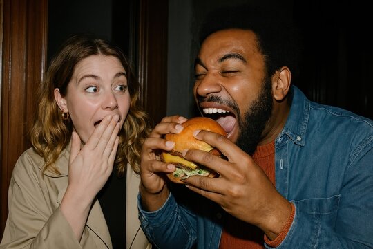 Surprised friends enjoying burger.