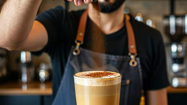 Bearded man barista sprinkles cocoa powder on a delicious coffee latte, preparing hot drink in a cafe footage.