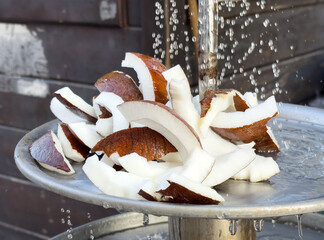 Fresh coconut slices on metal tray with water droplets in outdoor setting