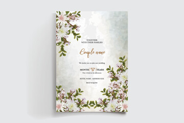 WEDDING INVITATION FRAME WITH FLOWER DECORATIONS AND FRESH LEAVES