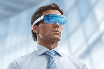 Futuristic businessman wearing advanced augmented reality glasses while analyzing digital data and performance metrics in a sleek modern office setting reflecting innovation and technological