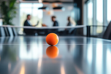 Orange ping pong ball on table with blurred office background and business people in meeting. Copy space