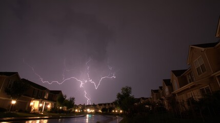 Fototapeta premium Neighborhood Dark. Lightning Bolts Illuminate Night Sky Over Cityscape