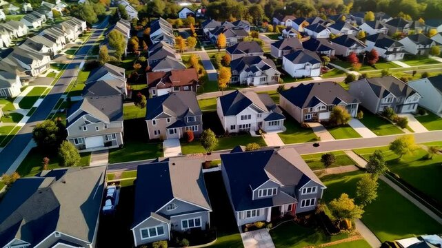 Aerial view of a modern residential neighborhood with colorful trees during autumn, showing neatly arranged houses, lawns, and streets in golden light