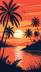 Silhouette Palm Trees at Vibrant Ocean Sunset