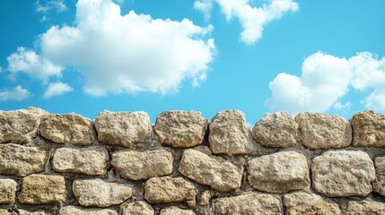 Stone wall against a bright blue sky with fluffy white clouds.