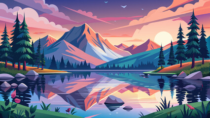 A quiet alpine lake mirrors the snowy peaks and pine-covered hills surrounding it. The water is still, like glass, with a family of ducks gliding in the distance. Pink clouds reflect in the surface