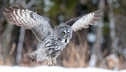 Majestic Grey Owl soaring through winter forest with wings spread wide for flight.