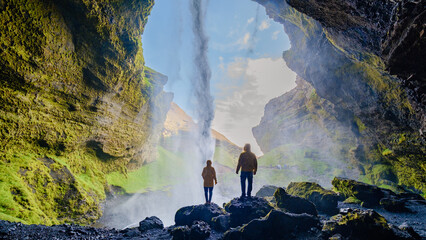 Mesmerizing view from behind Kvernufoss waterfall in Iceland during a serene afternoon