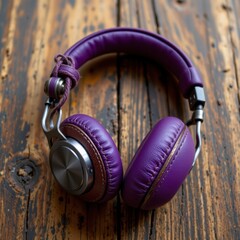 Purple Leather Headphones on Brown Wooden Background