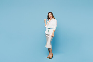 Full body young employee business woman corporate lawyer wear shirt classic formal clothes work in...